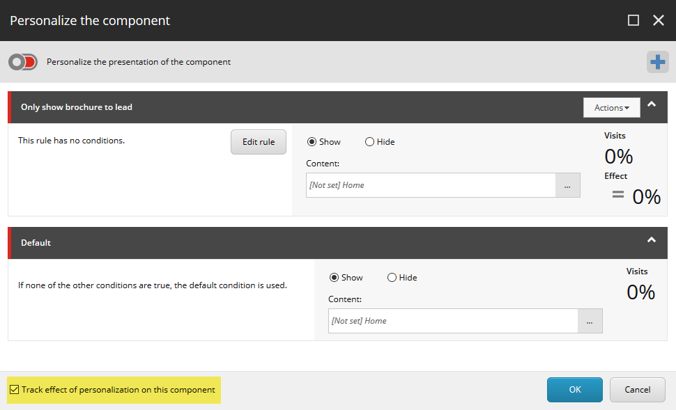 A  screenshot of the Personalize the component dialogue in Sitecore with the checkbox "Track the effect of personalization on this component" checked.